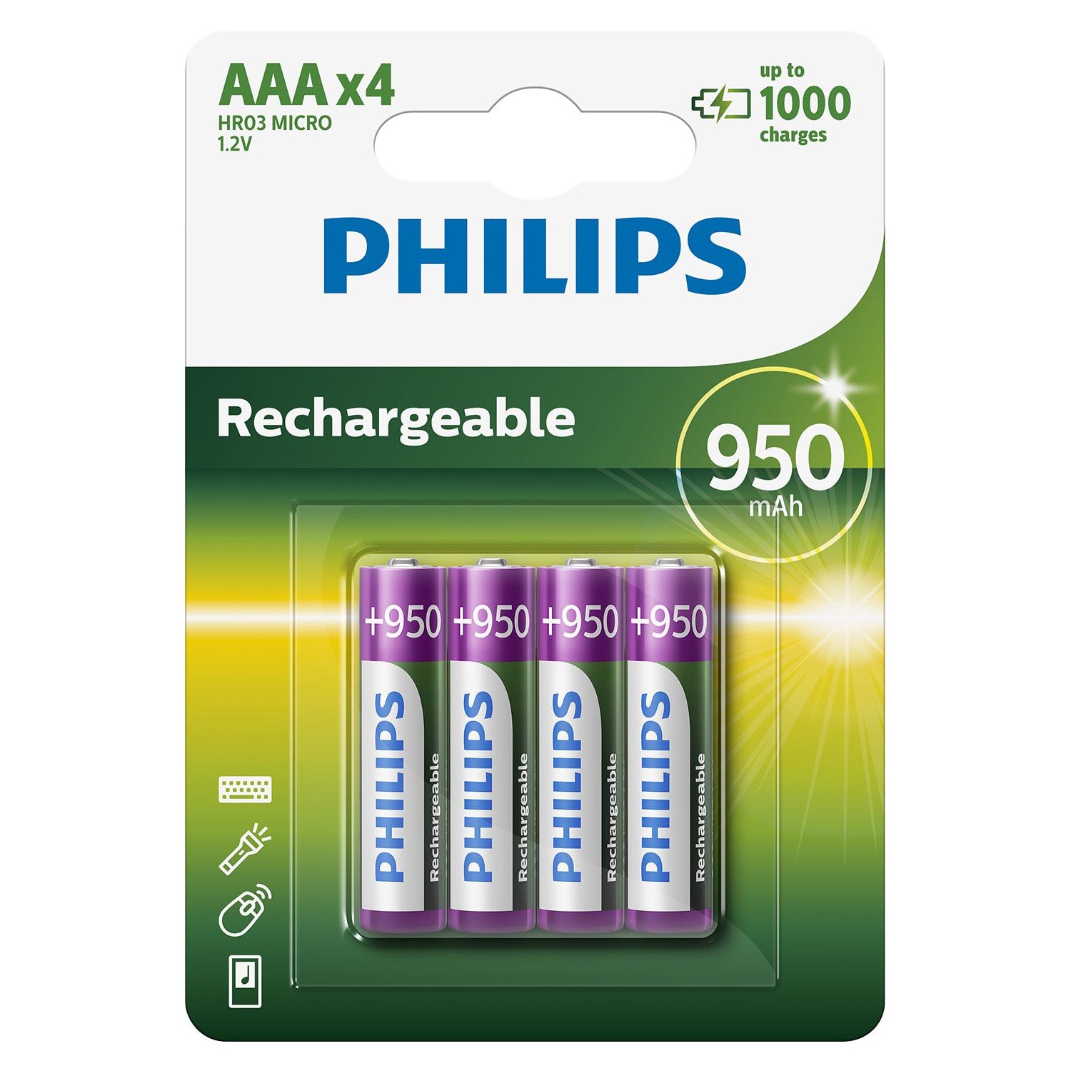 Oplaadbare Batterijen Philips Rechargeable NimH AAA HR03 950mah, 4st.