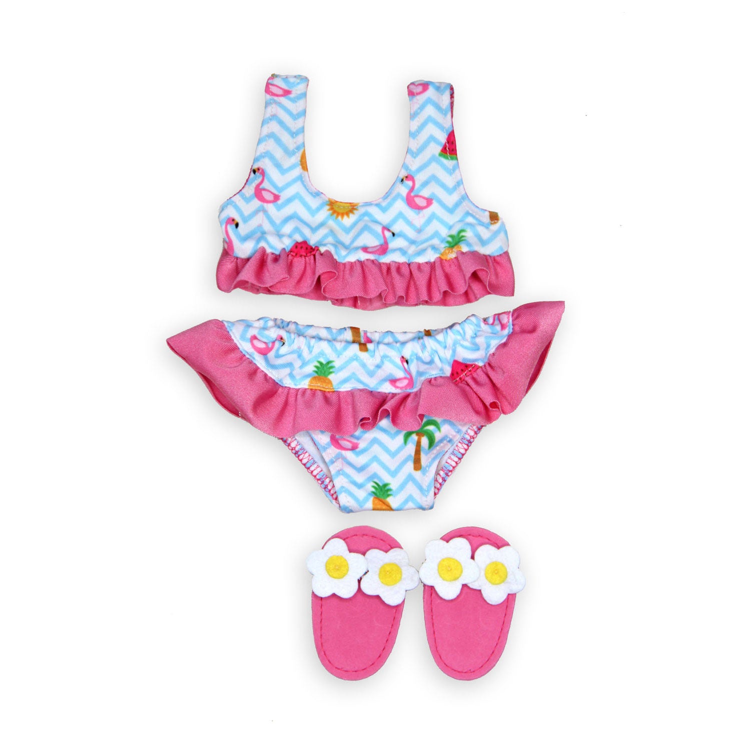 Poppen Bikini met Slippers Flamingo, 28-35 cm