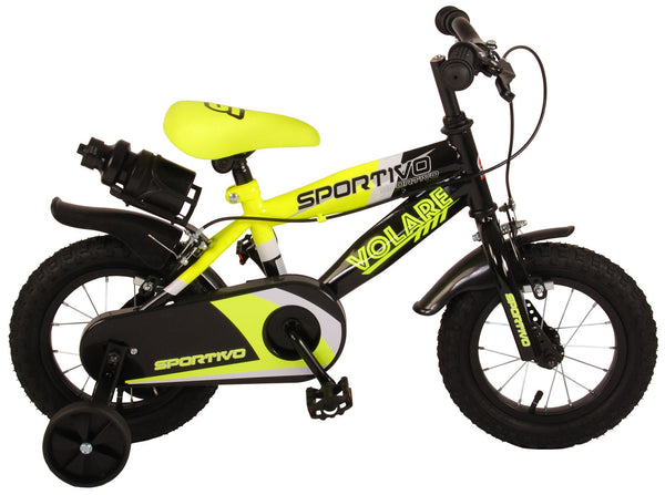 Volare Sportivo Kinderfiets - Jongens - 12 inch - Neon Geel Zwart - Twee Handremmen - 95% afgemonteerd