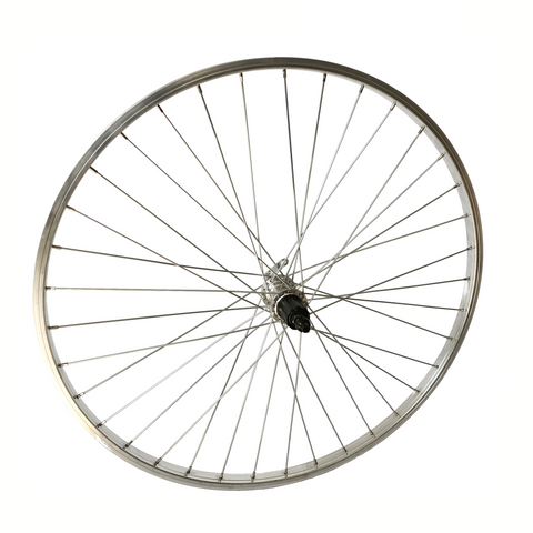 Achterwiel 28x1 5 8x1 3 8 aluminium velg zilver. uitval cassette naaf, 8 9 10 speed, spaak 14