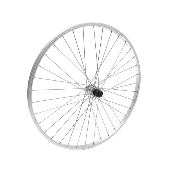 Achterwiel 28x1 5 8x1 3 8 aluminium velg, zilver. Uitval cassette naaf, 7 speed, spaak 13