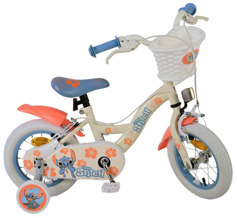 Disney Stitch Kinderfiets - Meisjes - 12 inch - Twee handremmen - Crème Koraal Blauw