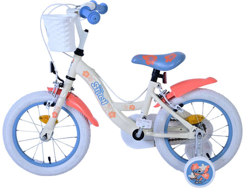 Disney Stitch Kinderfiets - Meisjes - 14 inch - Crème Koraal Blauw - Twee handremmen