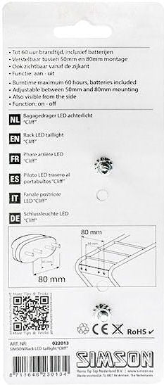 Simson Batterij bagagedrager achterlicht cliff 1 led on of