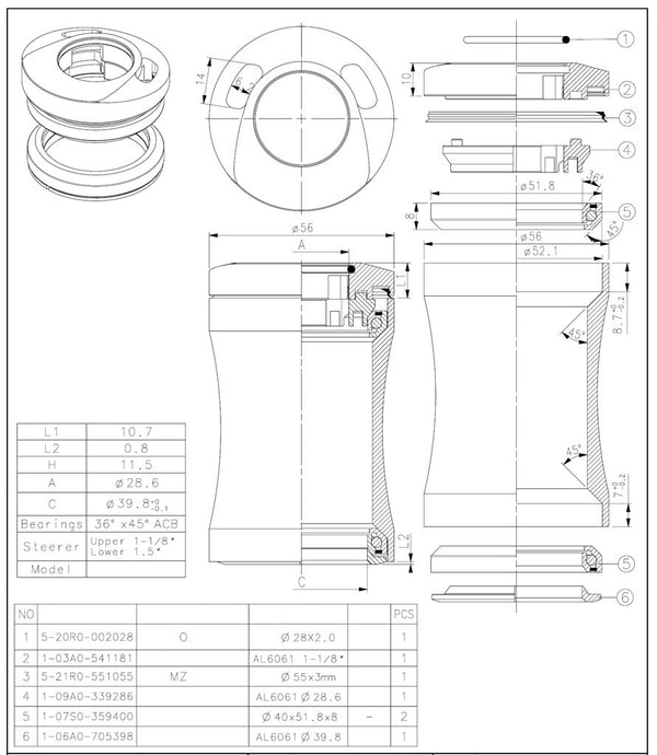 Balhoofdstel1 1 8 inch semi geintegreerd met kabel doorvoer