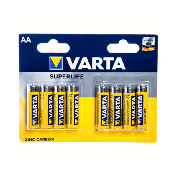 Varta Superlife AA batterijen. Zink-Carbon. per 8 in blister. (hangverpakking)