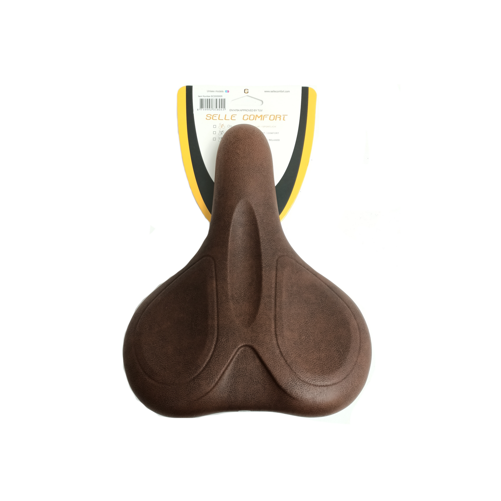 Selle Comfort zadel E-Bike Soft medium bruin met handvat, zonder strop.